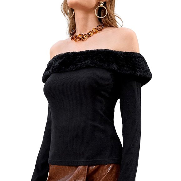 Tops - Off-the-shoulder folded faux fur top